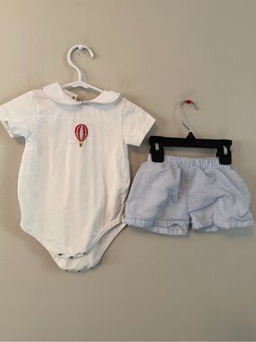 Pepa London Bodysuit with Red Hot Air Balloon Embroidery and Blue Stripe Shorts